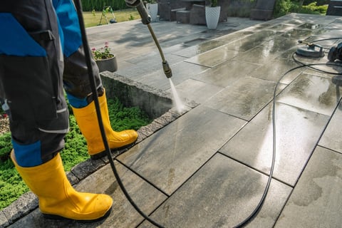 Dirty wooden patio deck pressure washing
