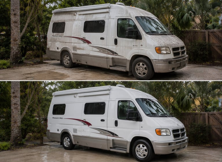 Two views of a white compact Class B motorhome parked in front of palm trees, showing side profile before and after exterior details