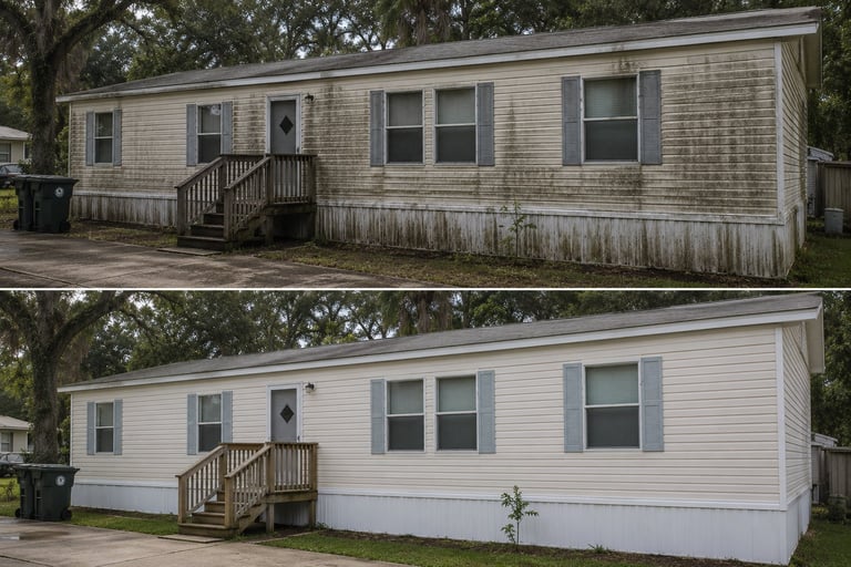 Before and after comparison of mobile home exterior renovations showing weathered cedar siding transformed to white vinyl siding