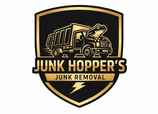 Junk Hoppers Junk Removal logo featuring a gold dump truck on black shield badge with lightning bolt