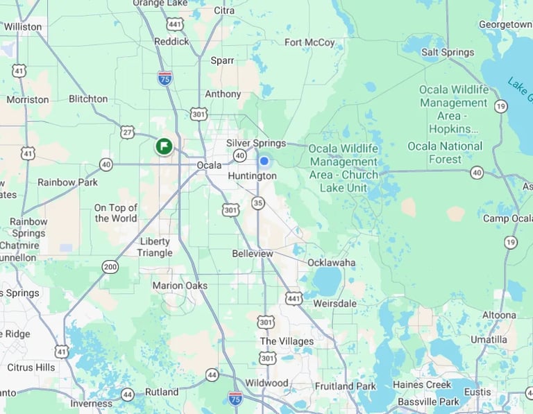 Map of central Florida showing cities, highways, lakes, and wildlife management areas including Ocala.