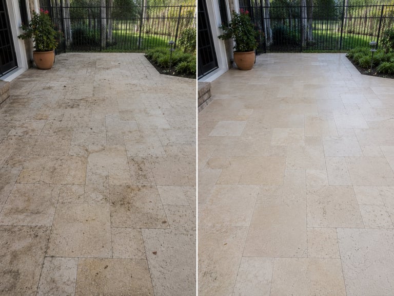 Before and after comparison of a stone patio being cleaned and restored, showing dirty and cleaned surfaces