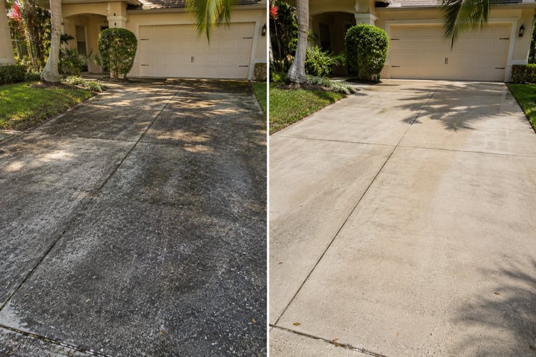 Before and after comparison of driveway cleaning, showing a stained dirty concrete surface on the left and a clean pressure-washed driveway on the right
