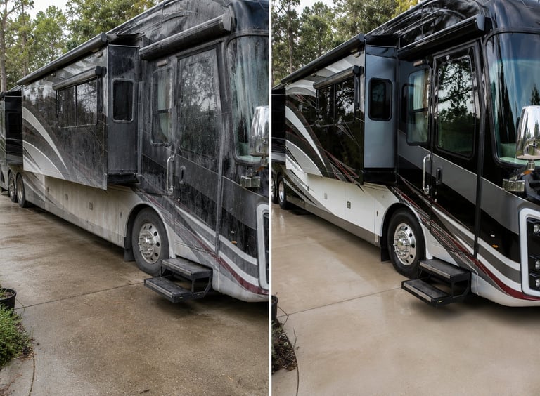 Before and after comparison of a motorhome being professionally cleaned, showing the dirty exterior on the left and clean exterior on the right