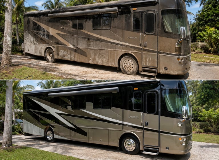 Before and after comparison of a motorhome: top shows weathered tan RV, bottom shows the same vehicle restored with fresh paint and black striping