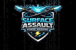 Surface Assault Power Washing logo featuring crossed spray wands with blue energy burst and shield emblem on dark background