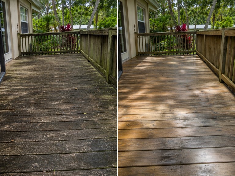 Before and after comparison of wooden deck cleaning, showing dirty weathered boards on left and freshly cleaned boards on right